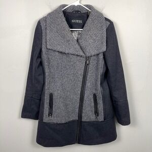 Guess Coat Jacket Women's Medium Black Grey Asymmetrical Zipper Wool Blend